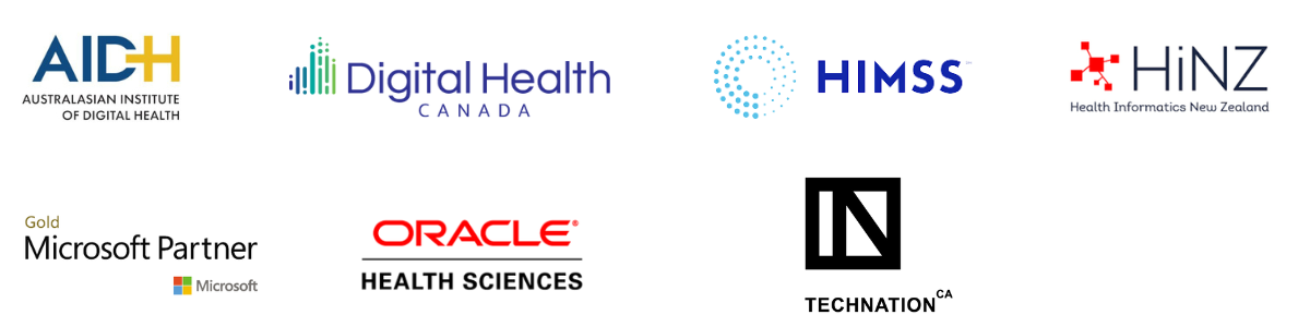 The Australian Institute of Digital Health (AIDH), Digital Health Canada, HINZ, HIMSS USA, Microsoft Logo, Oracle Health logo, Tech Nation (Canada).